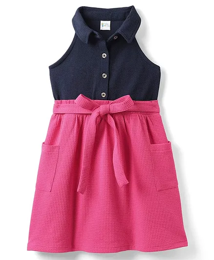 Hola Bonita Knit Sleeveless Solid Frock With Belt - Dark Pink & Navy Blue