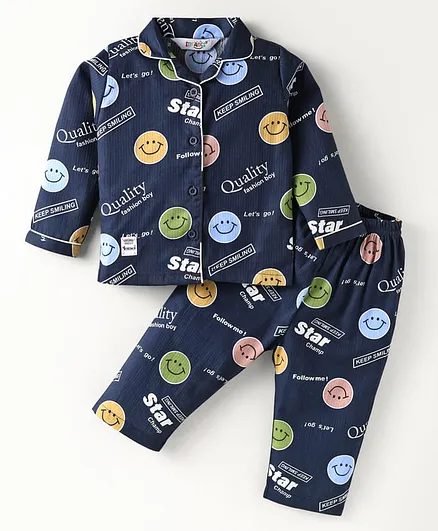 Enfance Core Cotton Woven Full Sleeves Smiley & Follow Me Text Printed Coordinating Night Suit Set - Navy Blue