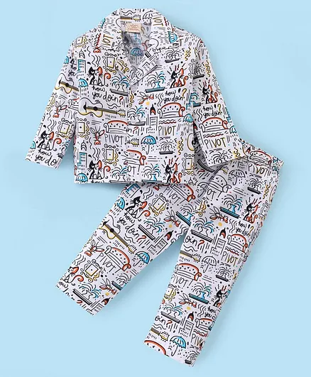Rikidoos Cotton Woven Full Sleeves Doodle Art Printed Coordinating Night Suit Set - White
