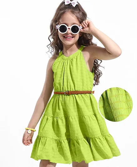 Hola Bonita Woven Sleeveless Solid Color Frock With Belt - Green