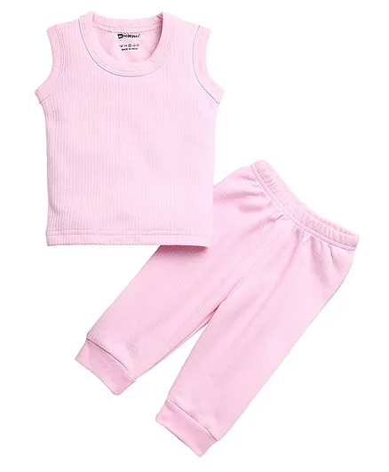 MOONKIDS Cotton Blend Sleeveless Solid Thermal Vest & Pant Set - Baby Pink