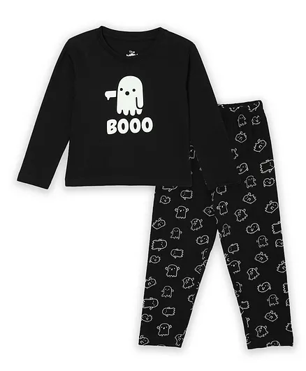The Mom Store Cotton Knit Full Sleeves Booo Text Printed Nightsuit Set - Black