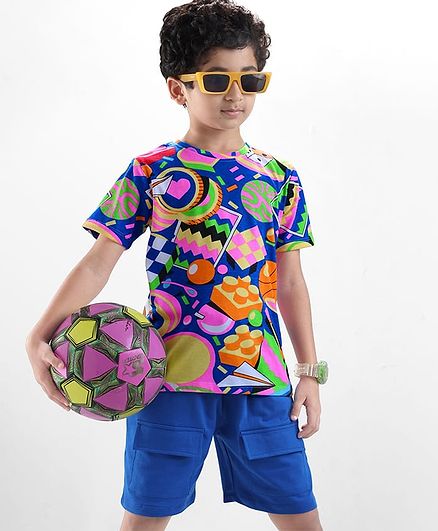 OLLINGTON ST. Cotton Knit Half Sleeves Toys Printed T-Shirt & Knit Shorts Set - Multicolor & Blue