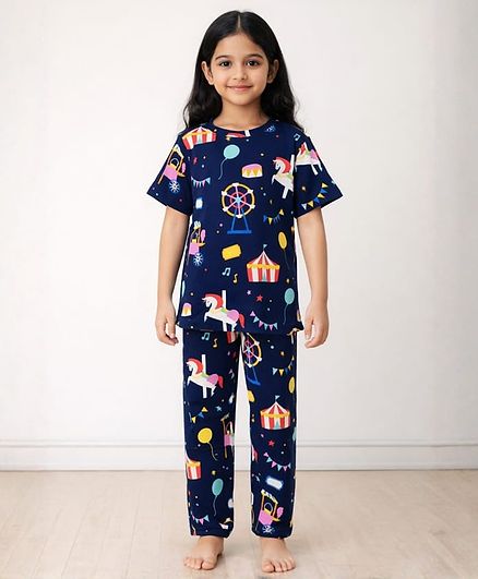 Anthrilo 100% Organic Cotton Knit Half Sleeves Carnival Printed Coordinating Night Suit Set - Navy Blue