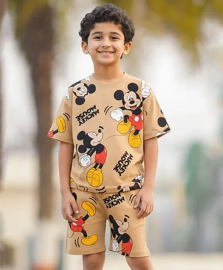 Nap Chief Cotton Knit Disney Featuring Half Sleeves Mickey Mouse Printed Relaxed Tee & Shorts Set - Light Brown