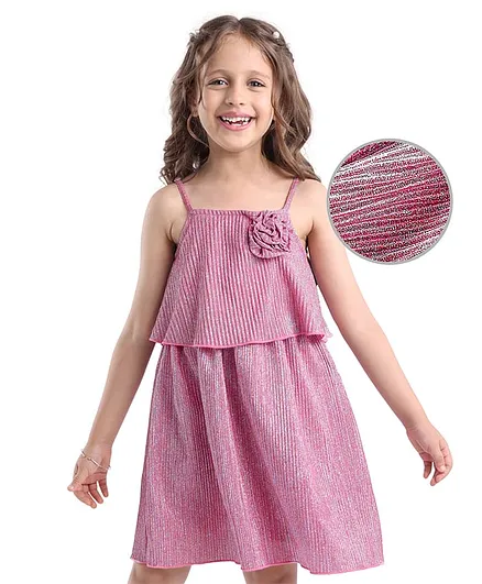 Hola Bonita Knit Sleeveless Shimmer Fabric Solid Frock With Floral Applique - Pink