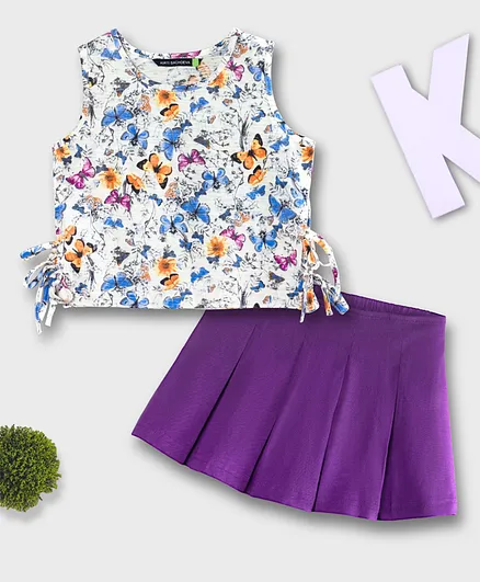 Tiara Cotton Sleeveless Butterflies Printed Top & Skort Set - Purple