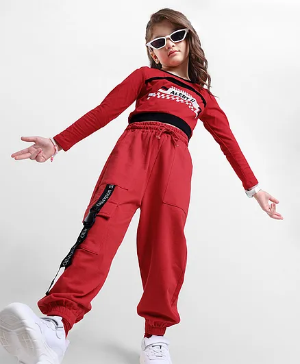 Ollington St. Cotton Lycra Set Of Full Sleeves Co-Ords Top & Knit Joggers - Red