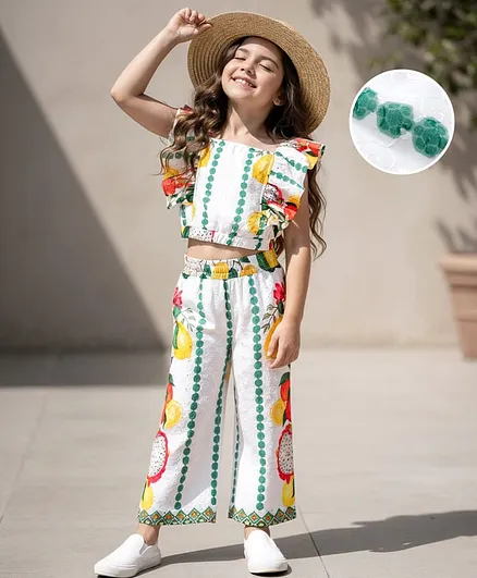 OLLINGTON ST. Cotton Schiflii Co-Ord Set Frill Sleeves Printed Top & Culottes - Multicolor