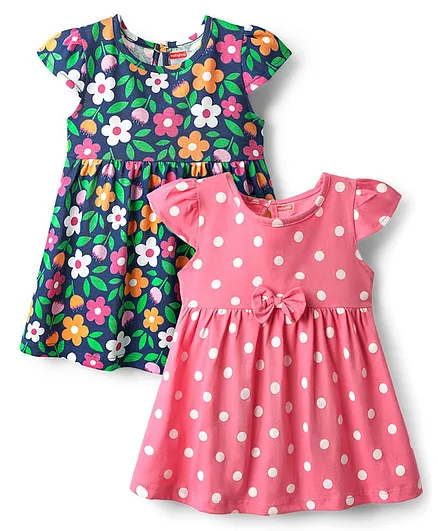 Babyhug Single Jersey Knit Cap Sleeves Polka Dot & Floral Printed Frocks With Bow Applique Pack of 2 - Pink & Navy Blue