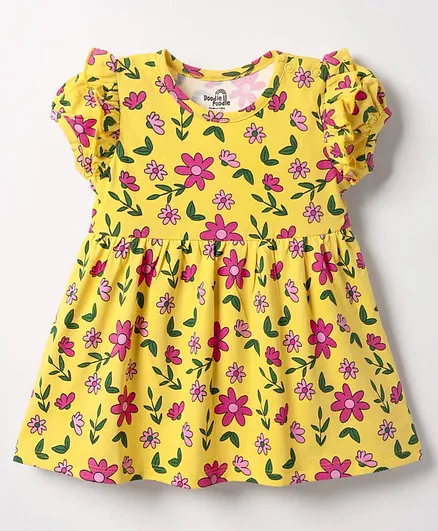 Doodle Poodle Cotton Knit Puffed Sleeves Frock with Floral Print - Yellow