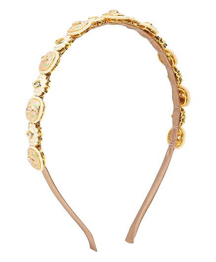 Aye Candy Beads & Lotus Embellished Mathapatti Kundan Hair Band - Peach & White