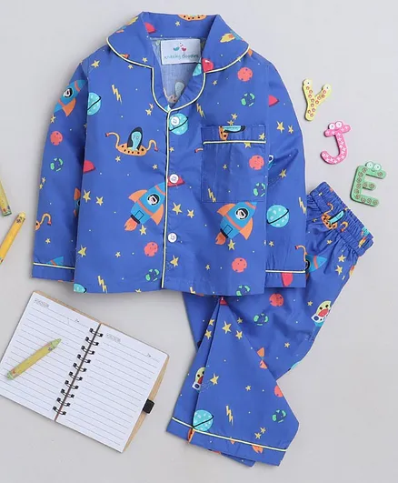 Knitting Doodles Pure Cotton Woven Full Sleeves Space Theme Printed Coordinating Night Suit Set - Dark Blue