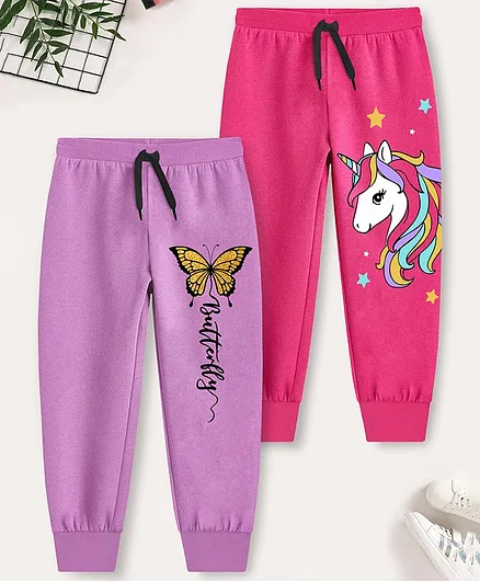 Trampoline Cotton Blend Pack Of 2 Butterfly & Unicorn Printed Pajamas - Purple & Pink