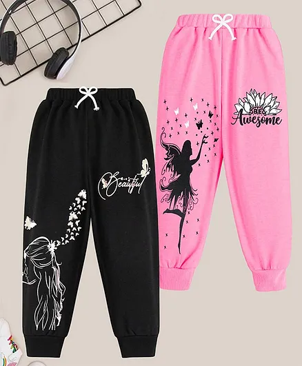 KUCHIPOO Pack Of 2 Butterfly & Fairy Printed Pajamas - Black & Pink