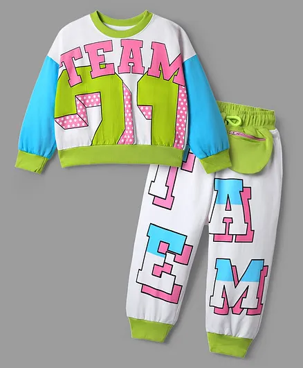 OLLINGTON ST. 100% Cotton Knit Winterwear Set Of Team Text Print Full Sleeves Sweatshirt & Joggers Set  - White & Green