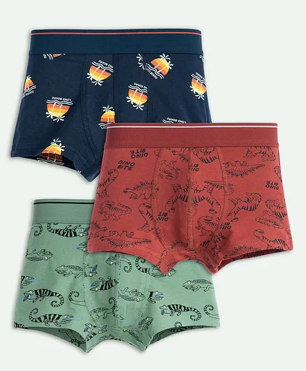 Ariel Cotton Blend Pack Of 3 Dinosaur & Chameleons Printed Trunks - Multi Colour