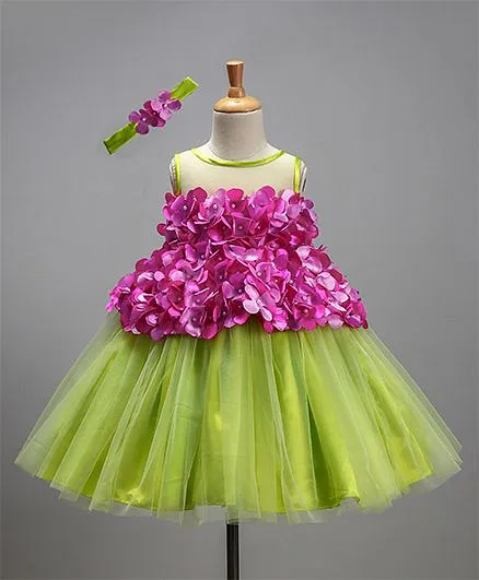 Li&Li Boutique Netted Neck & Flower Work Dress - Pink & Lime