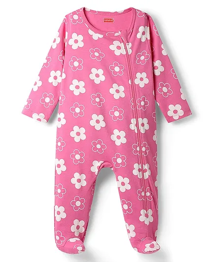 Babyhug Cotton Knit Full Sleeves Footed Sleep Suit With Floral Print - Pink