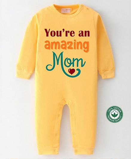 BLUSHES 100% Cotton Mothers Day Theme Full Sleeves You Re An Amazing Mom Text Printed Romper - Yellow
