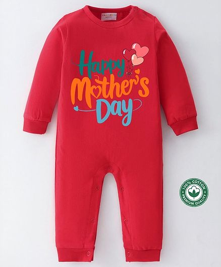 BLUSHES 100% Cotton Mothers Day Theme Full Sleeves Typography Printed Romper - Red