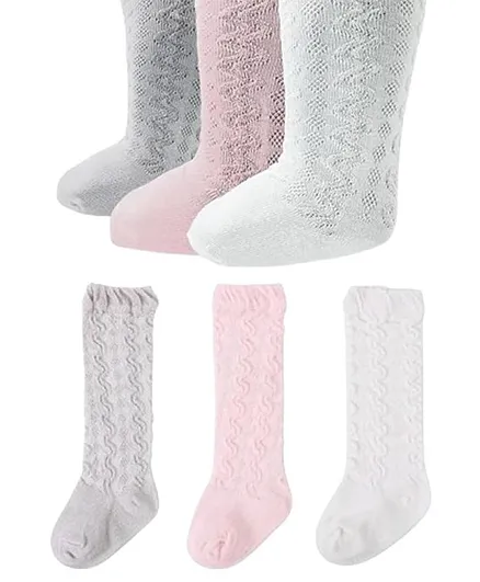 MOMISY Cotton Pack Of 3 Self Design Socks - Grey White & Pink