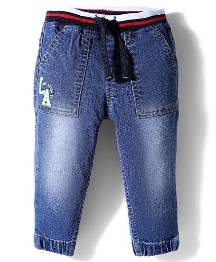Babyhug Full Length Washed Denim Joggers With Print & Stretch - Blue