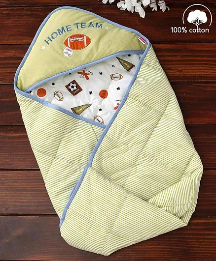Babyhug Premium Cotton Hooded Wrapper Sports Theme - Cream