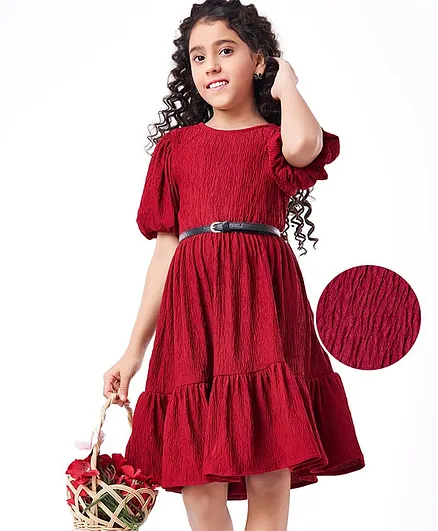 Hola Bonita Knit Half Sleeves Textured Fabric Solid Frock With Belt - Red