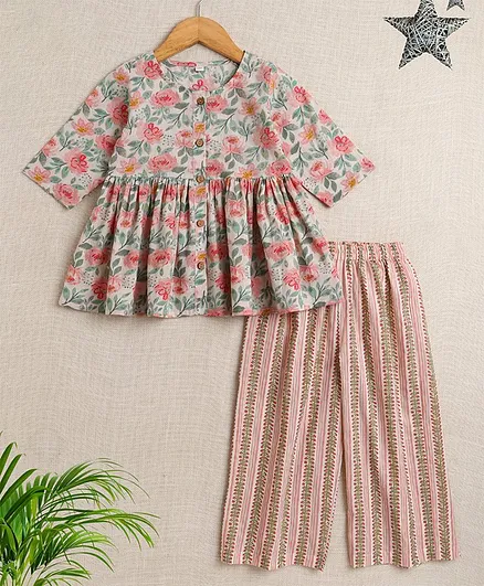 Buy The Magic Wand Cotton Three Fouth Sleeves Floral Printed Peplum Top  Coordinating Pant Set Peach for Girls (9-10 Years) Online in India, Shop 