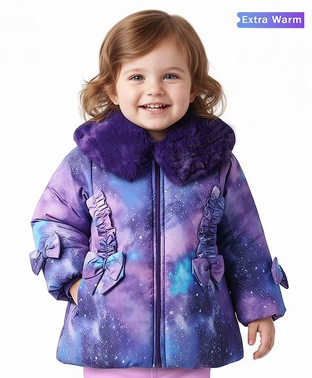 Babyoye Woven Full Sleeves Galaxy Theme Printed Padded Winter Jacket With Bow Applique - Purple
