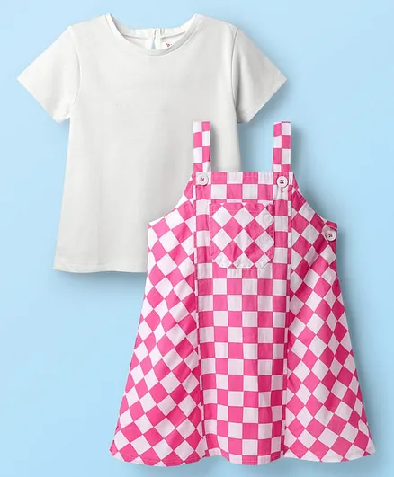 Babyhug Cotton Woven Checks Frock With Half Sleeves Inner Tee - Pink & White