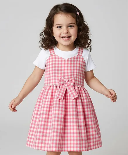 Babyhug Cotton Woven Half Sleeves Frock With Checks Print & Bow Applique - Pink