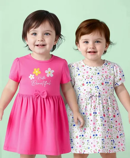 Doodle Poodle Cotton Knit Half Sleeves Floral Printed Frocks With Bow Applique Pack of 2 - White & Pink