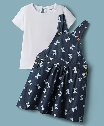 Babyhug Cotton Woven Frock & Half Sleeves Inner Tee With Bow Print - Navy Blue & White
