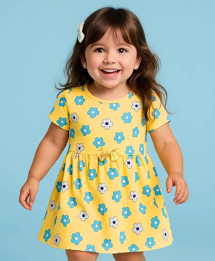 Doodle Poodle Single Jersey Knit Half Sleeves Frock With Floral Print & Bow Applique - Yellow