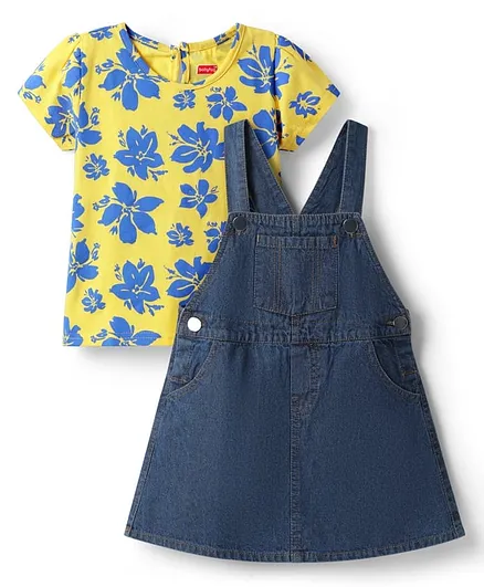 Babyhug Cotton Woven Half Sleeves Frock with Inner T-Shirt & Floral Print - Blue & Yellow