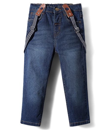 Babyhug Denim Full Length Washed Jeans With Stretch & Suspender - Navy Blue