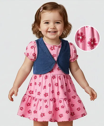 Babyoye Cotton Lycra Knit Half Puff Sleeves Tiered Frock with Floral Print & Shrug - Pink