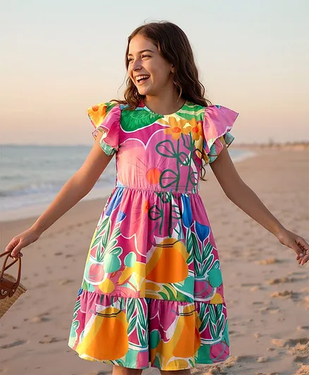 Pine Kids Viscose Woven Flutter Sleeves Frock With Floral Print - Dark Pink & Orange