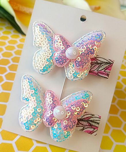 Little Tresses Butterfly Applique Detailed Sequins Embellished Hair Alligator Clips - Pink