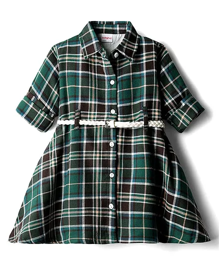 Babyhug Cotton Woven Full Sleeves Shirt Dress With Checks & Belt - Teal Blue