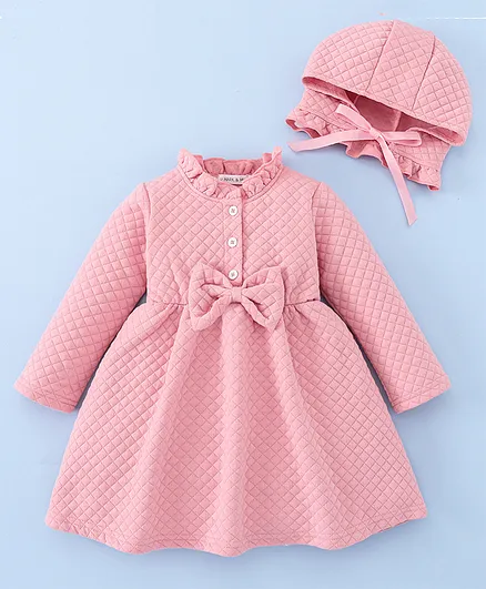 Mark & Mia Full Sleeves Frock & Cap with Frill Detailing & Bow - Pink