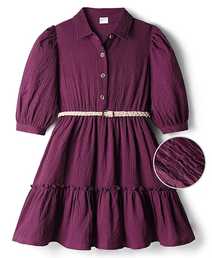 Hola Bonita Woven Three Fourth Sleeves Solid Color Collared Dress with Belt - Burgundy