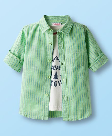 Babyhug 100% Cotton Woven Full Sleeve Stripe Shirt With T-Shirt - Green