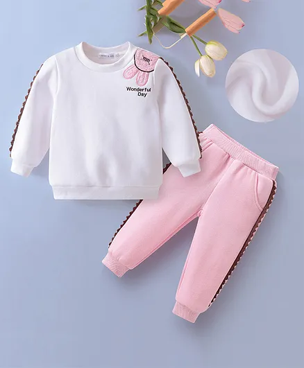Mark & Mia Full Sleeves T-Shirt & Lounge Pant Set With Text Embriodery - White & Pink