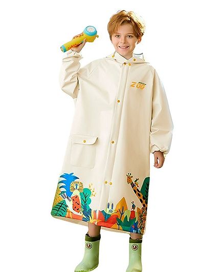 Little Surprise Box PVC Full Raglan Sleeves Animals Printed Hooded Raincoat With Extra Backpack Space - Cream