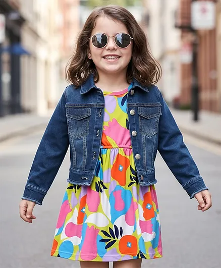 Ollington St. Stretchable Denim Full Sleeves Jacket with Sleeveless Printed Knit Dress - Multicolor & Navy Blue