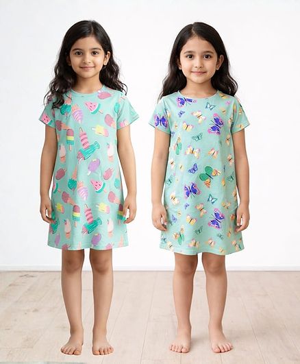 Anthrilo 100% Organic Cotton Knit Pack Of 2 Half Sleeves Butterfly & Ice Cream Printed Nighties - Green & Aqua Blue