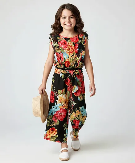 OLLINGTON ST. Georgette Woven Frill Sleeves Floral Printed Top & Culotte Pant Co-Ord Set With Belt - Black